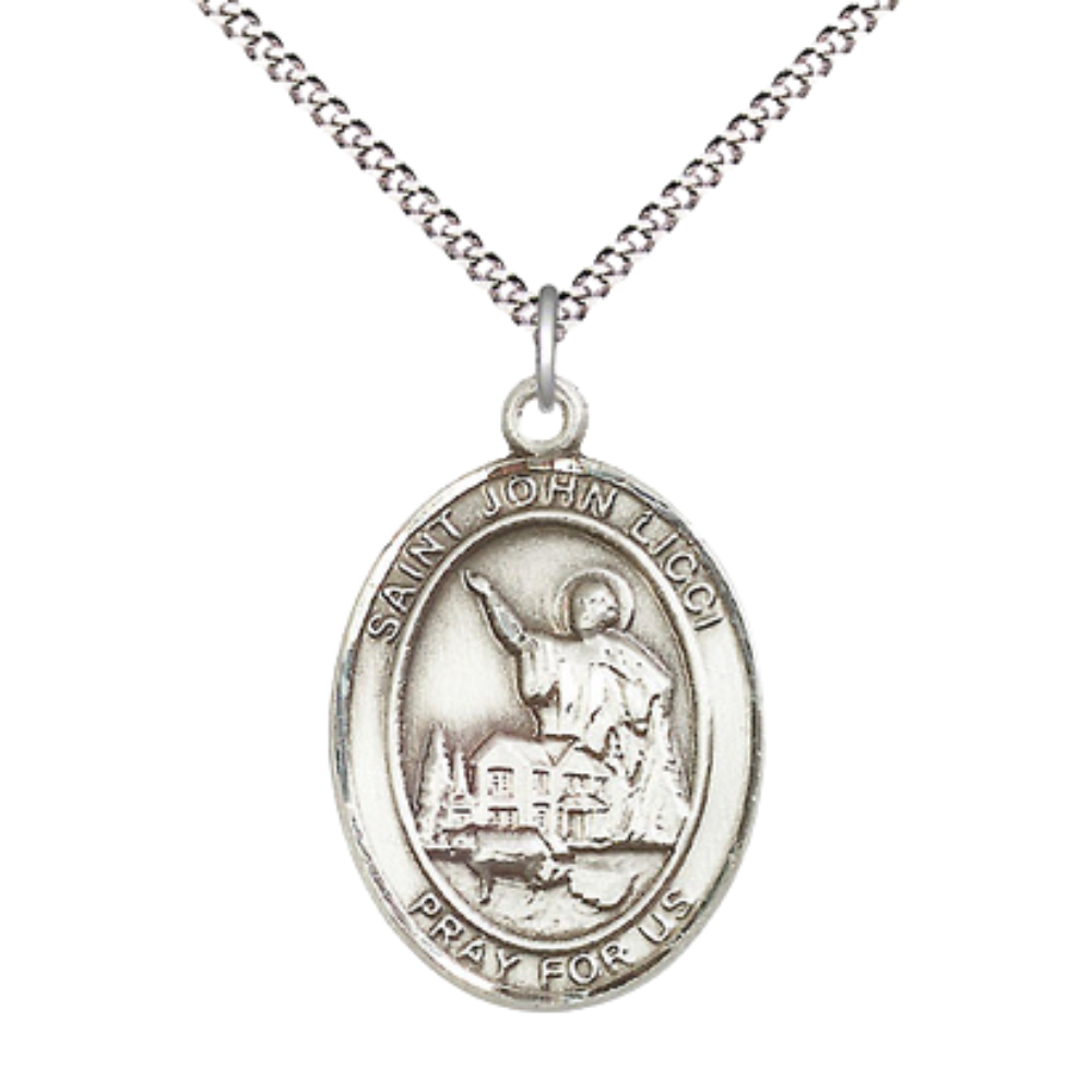 Women's Pewter Saint St. John Licci Medal Pendant on 18 Inch Rhodium Plated Lite Curb Brass Chain with Lobster Claw Clasp, Catholic Religious Necklace - Made in USA- Deluxe Velvet Gift Box