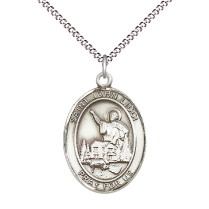Women's Pewter Saint St. John Licci Medal Pendant on 18 Inch Rhodium Plated Lite Curb Brass Chain with Lobster Claw Clasp, Catholic Religious Necklace - Made in USA- Deluxe Velvet Gift Box