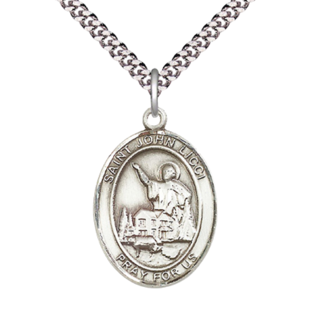 Saint St. John Licci Medal Necklace – Men's Pewter Pendant on 24 Inch Light Rhodium Plated Chain – Catholic Patron Saint St. of Head Injuries – Velvet Gift Box Included
