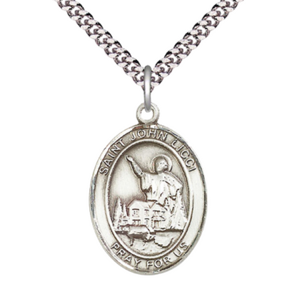 Saint St. John Licci Medal Necklace – Men's Pewter Pendant on 24 Inch Light Rhodium Plated Chain – Catholic Patron Saint St. of Head Injuries – Velvet Gift Box Included