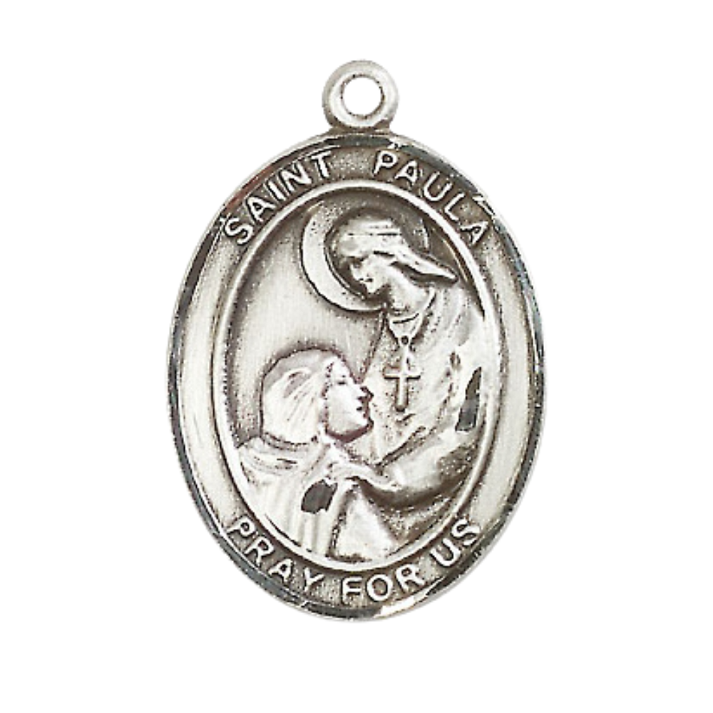 Women's .925 Sterling Silver Saint St. Paula Medal Pendant on 18 Inch Rhodium Plated Lite Curb Brass Chain with Lobster Claw Clasp, Catholic Religious Necklace - Made in USA- Deluxe Velvet Gift Box