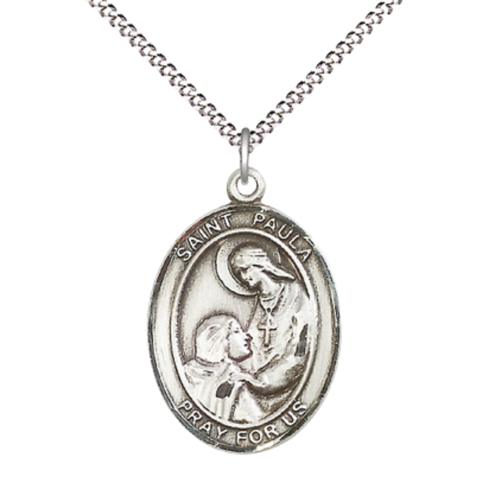 Women's Pewter Saint St. Paula Medal Pendant on 18 Inch Rhodium Plated Lite Curb Brass Chain with Lobster Claw Clasp, Catholic Religious Necklace - Made in USA- Deluxe Velvet Gift Box