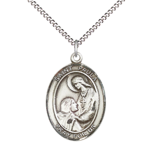 Women's Pewter Saint St. Paula Medal Pendant on 18 Inch Rhodium Plated Lite Curb Brass Chain with Lobster Claw Clasp, Catholic Religious Necklace - Made in USA- Deluxe Velvet Gift Box