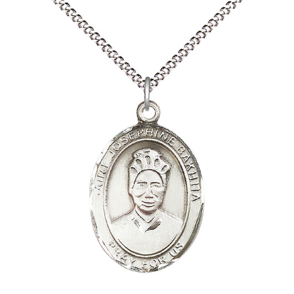 Women's Pewter Saint St. Josephine Bakhita Medal Pendant on 18 Inch Rhodium Plated Lite Curb Brass Chain with Lobster Claw Clasp, Catholic Religious Necklace - Made in USA- Deluxe Velvet Gift Box