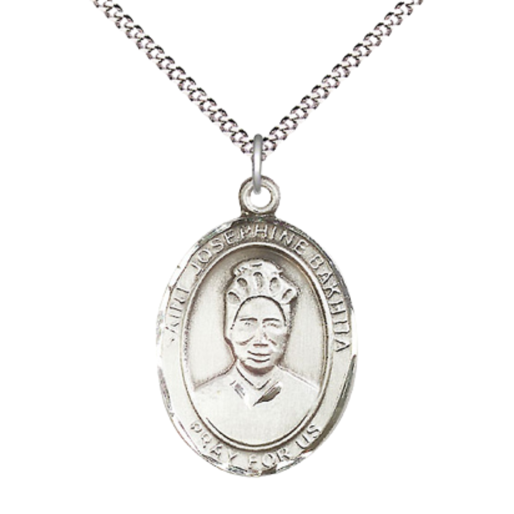 Women's .925 Sterling Silver Saint St. Josephine Bakhita Medal Pendant on 18 Inch Rhodium Plated Lite Curb Brass Chain w/ Lobster Claw Clasp, Catholic Religious Necklace - Made in USA- Velvet Gift Box