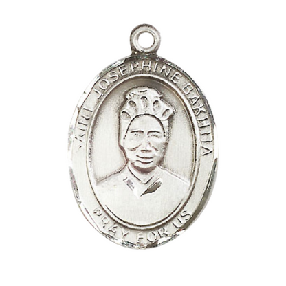 Oval Pewter Saint St. Josephine Bakhita Medal Pendant on 24 inch Rhodium Plated Heavy Curb Brass Chain with Lobster Claw clasp, Catholic Religious Necklace - Made in USA - Deluxe Velvet Gift Box