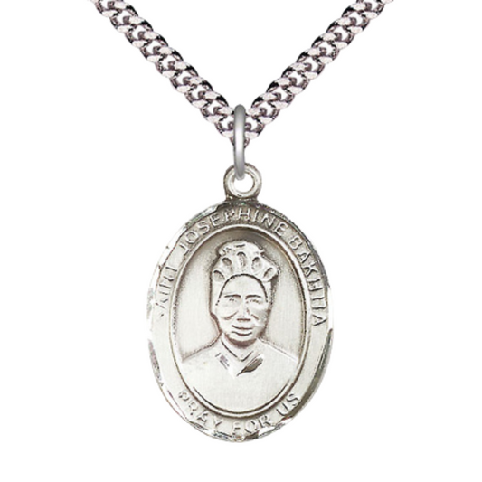 Oval Pewter Saint St. Josephine Bakhita Medal Pendant on 24 inch Rhodium Plated Heavy Curb Brass Chain with Lobster Claw clasp, Catholic Religious Necklace - Made in USA - Deluxe Velvet Gift Box