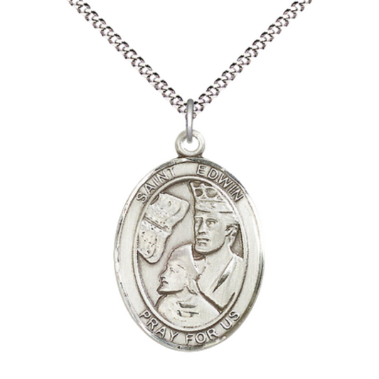 Women's Pewter Saint St. Edwin Medal Pendant on 18 Inch Rhodium Plated Lite Curb Brass Chain with Lobster Claw Clasp, Catholic Religious Necklace - Made in USA- Deluxe Velvet Gift Box