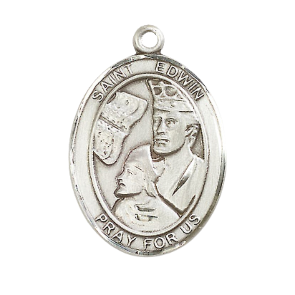Women's .925 Sterling Silver Saint St. Edwin Medal Pendant on 18 Inch Rhodium Plated Lite Curb Brass Chain with Lobster Claw Clasp, Catholic Religious Necklace - Made in USA- Deluxe Velvet Gift Box