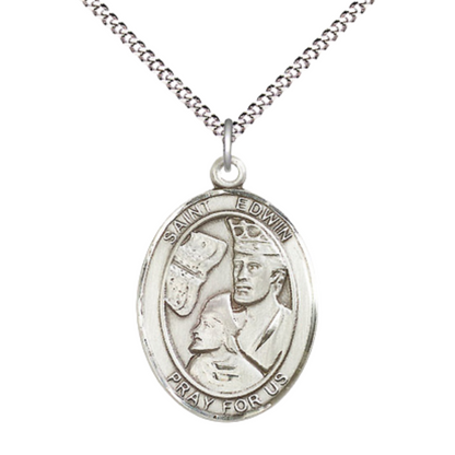 Women's .925 Sterling Silver Saint St. Edwin Medal Pendant on 18 Inch Rhodium Plated Lite Curb Brass Chain with Lobster Claw Clasp, Catholic Religious Necklace - Made in USA- Deluxe Velvet Gift Box
