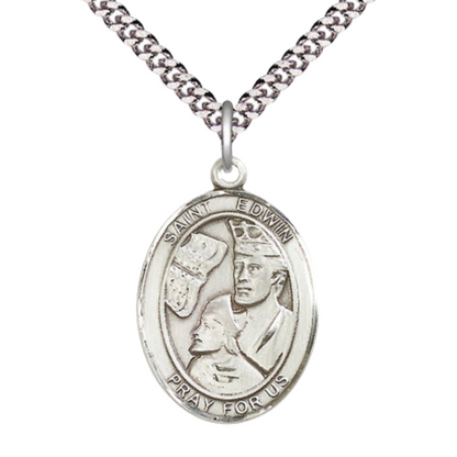 Saint Edwin Medal Necklace– Men's Pewter Pendant with 24-Inch Light Rhodium Plated Chain – Patron Saint of Homeless People – Velvet Gift Box Included