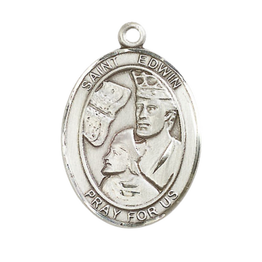 Oval .925 Sterling Silver Saint St. Edwin Medal Pendant on 24 inch Rhodium Plated Heavy Curb Brass Chain with Lobster Claw clasp, Catholic Religious Necklace - Made in USA- Deluxe Velvet Gift Box