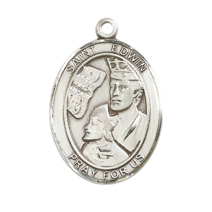 Saint St. Edwin Medal Necklace– Men's .925 Sterling Silver Pendant with 24- Inch Light Rhodium Plated Heavy Curb Chain – Patron Saint St. of Homeless People, Catholic Medal – Velvet Gift Box Included