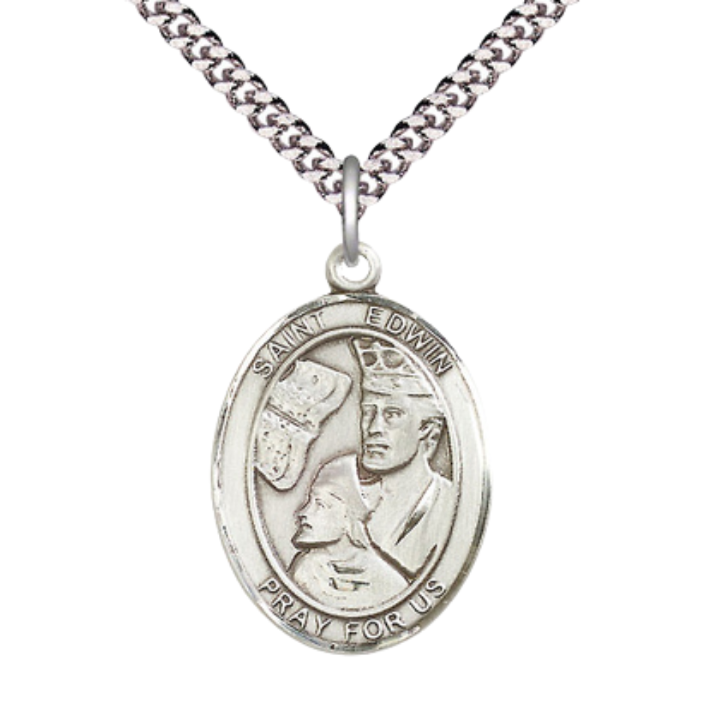 1 x 3/4" Oval Pewter Saint Edwin Medal Pendant on 24 inch Rhodium Plated Heavy Curb Brass Chain with Lobster Claw clasp, Catholic Religious Necklace -Made in USA- Deluxe Velvet Gift Box