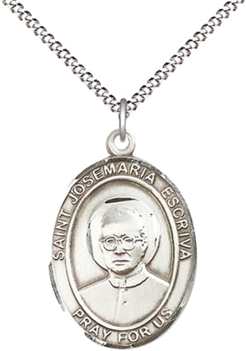 Women's Pewter Saint St. Josemaria Escriva Medal Pendant on 18 Inch Rhodium Plated Lite Curb Brass Chain with Lobster Claw Clasp, Catholic Religious Necklace - Made in USA- Deluxe Velvet Gift Box
