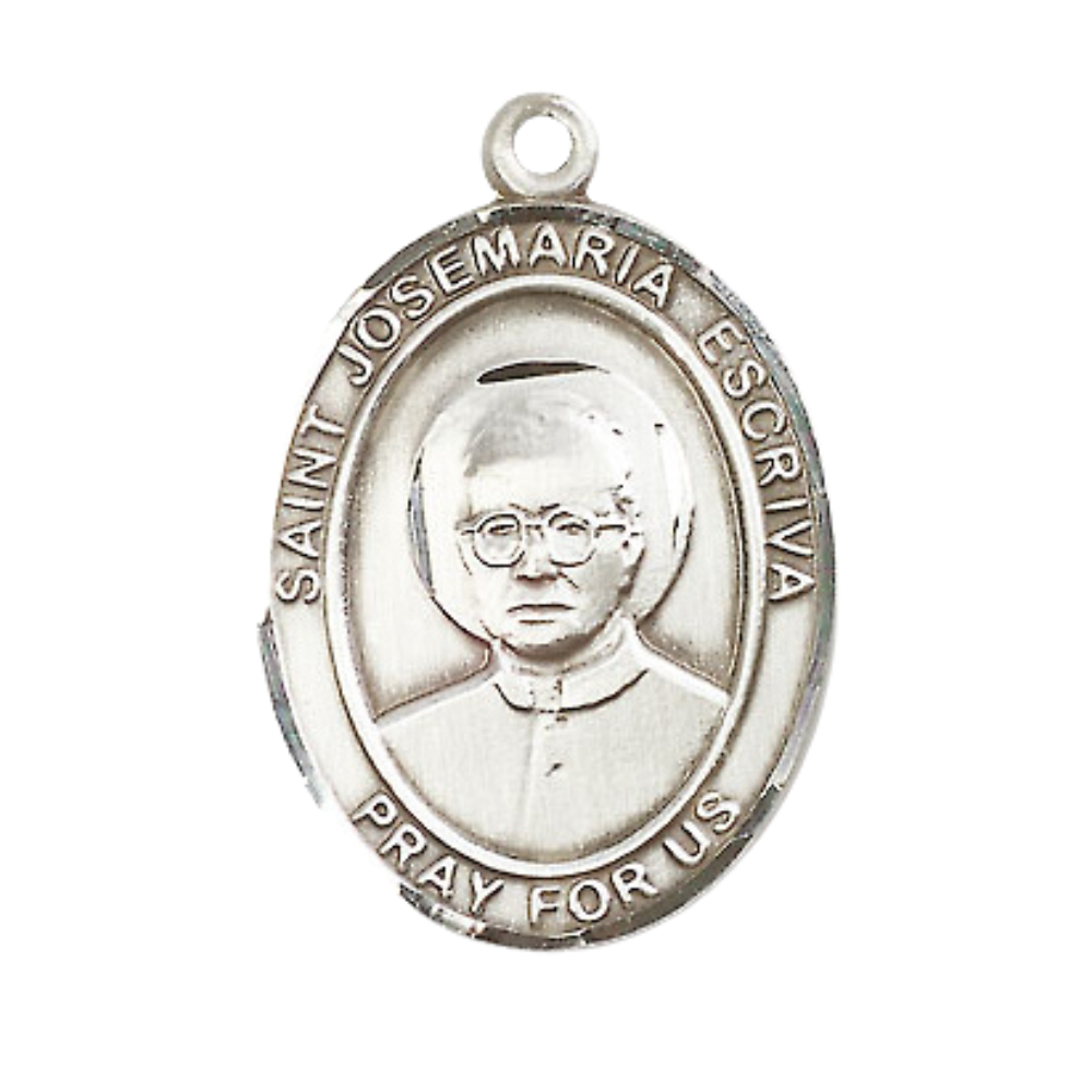 Sterling Silver Saint Josemaria Escriva Medal Pendant on 24" Rhodium Plated Heavy Curb Brass Chain with Lobster Claw clasp, Catholic Religious Necklace -Made in USA- Deluxe Velvet Gift Box