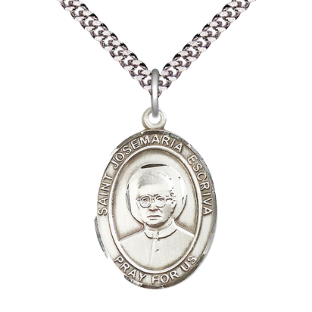 Saint St. Josemaria Escriva Medal Necklace– Men's .925 Sterling Silver Pendant with 24- Inch Light Rhodium Plated Heavy Curb Chain – Patron Saint St. of Diabetes, Catholic Medal – Velvet Gift Box Included