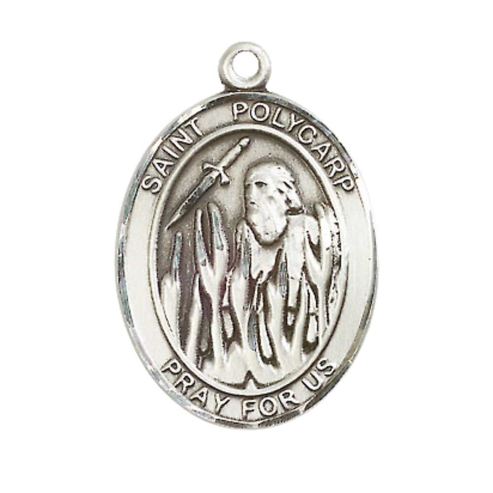 Women's Pewter Saint St. Polycarp of Smyrna Medal Pendant on 18 Inch Rhodium Plated Lite Curb Brass Chain with Lobster Claw Clasp, Catholic Religious Necklace - Made in USA- Deluxe Velvet Gift Box