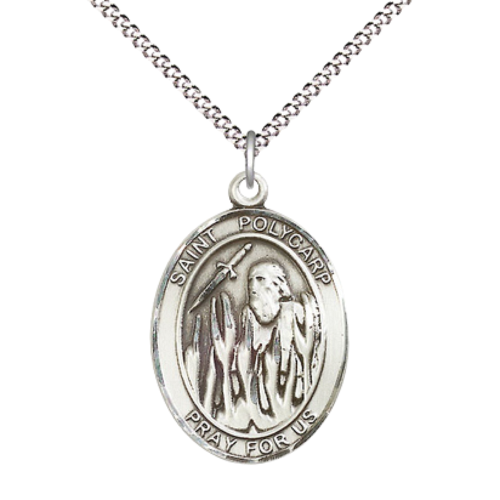 Women's Pewter Saint St. Polycarp of Smyrna Medal Pendant on 18 Inch Rhodium Plated Lite Curb Brass Chain with Lobster Claw Clasp, Catholic Religious Necklace - Made in USA- Deluxe Velvet Gift Box