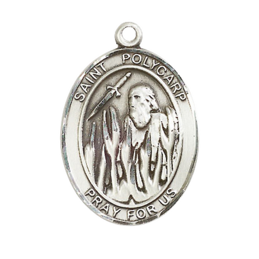 .925 Sterling Silver Saint St. Polycarp of Smyrna Medal Pendant on 24 Inch Rhodium Plated Heavy Curb Brass Chain with Lobster Claw clasp, Catholic Religious Necklace - Made in USA- Deluxe Velvet Gift Box