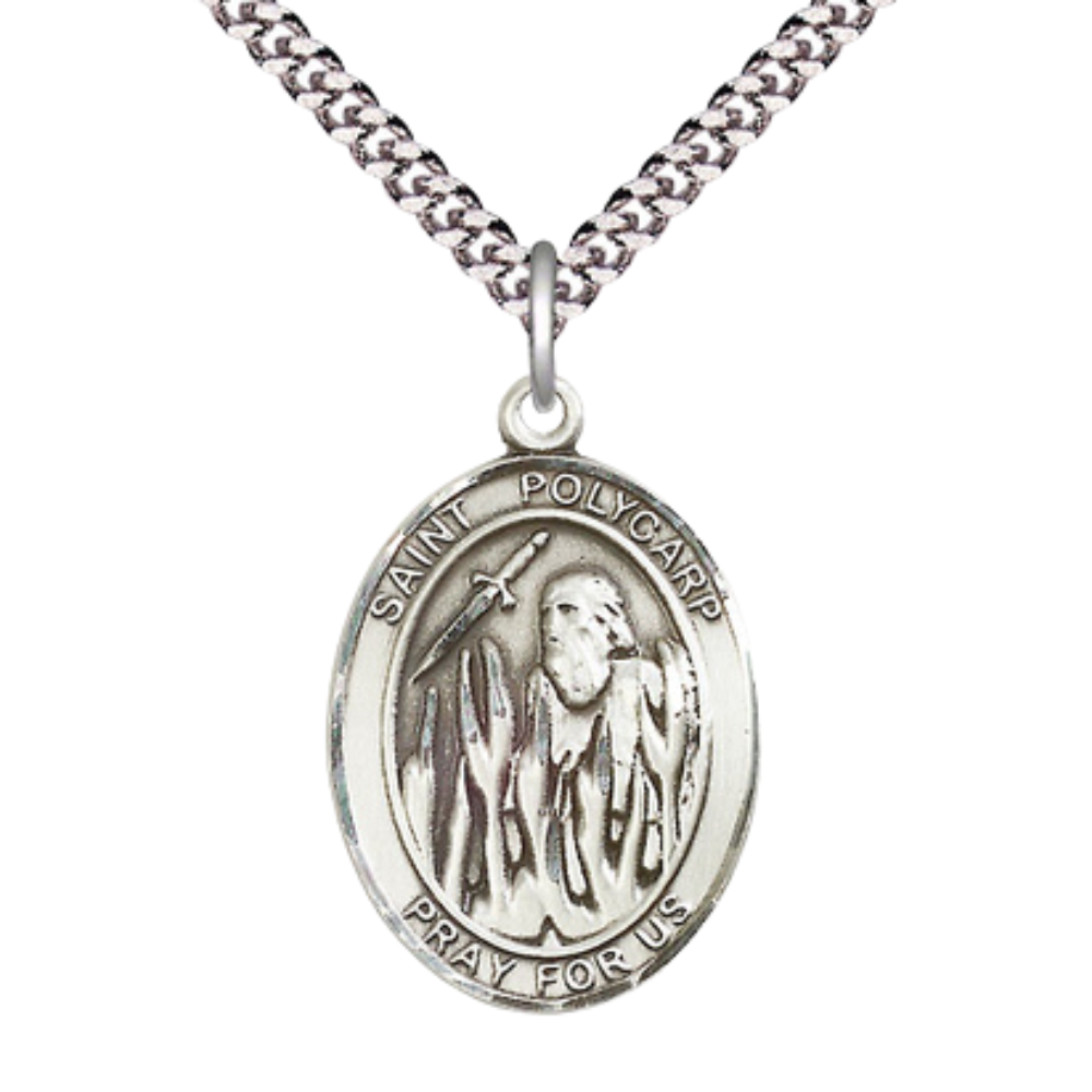 Oval Pewter Saint St. Polycarp of Smyrna Medal Pendant on 24 inch Rhodium Plated Heavy Curb Brass Chain with Lobster Claw clasp, Catholic Religious Necklace - Made in USA - Deluxe Velvet Gift Box