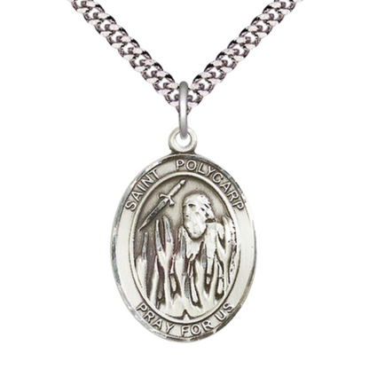 Saint Polycarp of Smyrna Medal Necklace– Men's Pewter Pendant with 24 -Inch Light Rhodium Plated Chain – Patron Saint Against Dysentery & Earaches – Velvet Gift Box Included