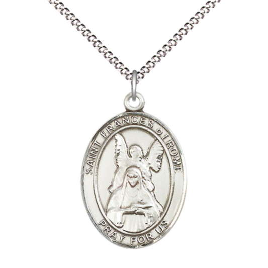 Women's .925 Sterling Silver Saint St. Frances of Rome Medal Pendant on 18 Inch Rhodium Plated Lite Curb Brass Chain w/ Lobster Claw Clasp, Catholic Religious Necklace - Made in USA- Velvet Gift Box