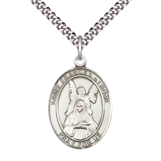 Oval Pewter Saint Frances of Rome Medal Pendant on 24 inch Rhodium Plated Heavy Curb Brass Chain with Lobster Claw clasp, Catholic Religious Necklace -Made in USA- Deluxe Velvet Gift Box