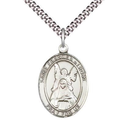 Saint St. Frances of Rome Medal Necklace – Men's Pewter Pendant on 24 Inch Light Rhodium Plated Chain – Catholic Patron Saint St. of Motorists – Velvet Gift Box Included