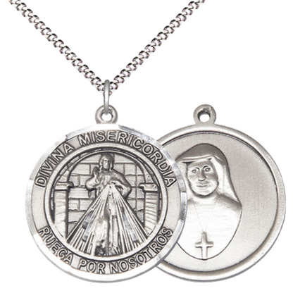 Spanish Script Women's Pewter Divina Misericordia Medal Pendant on 18 Inch Rhodium Plated Lite Curb Brass Chain, Catholic Religious Necklace with Lobster Claw Clasp - Made in USA, Deluxe Velvet Gift Box.