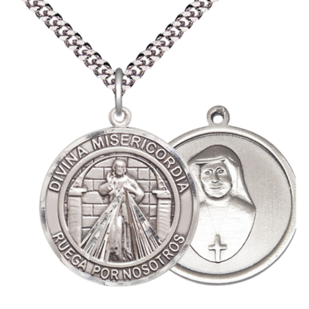 Spanish Script Men's .925 Sterling Silver Divina Misericordia Medal Pendant on 24 Inch Endless Rhodium Plated Heavy Curb Chain, Catholic Religious Necklace - Made in USA, Deluxe Velvet Gift Box