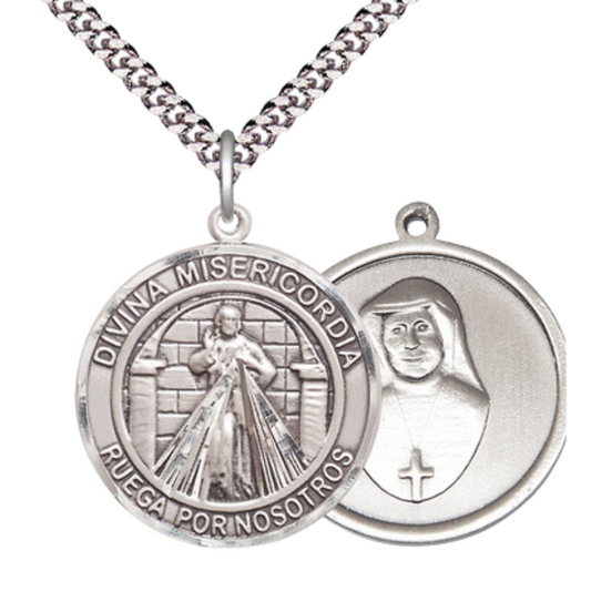 Spanish Script Men's .925 Sterling Silver Divina Misericordia Medal Pendant on 24 Inch Endless Rhodium Plated Heavy Curb Chain, Catholic Religious Necklace - Made in USA, Deluxe Velvet Gift Box