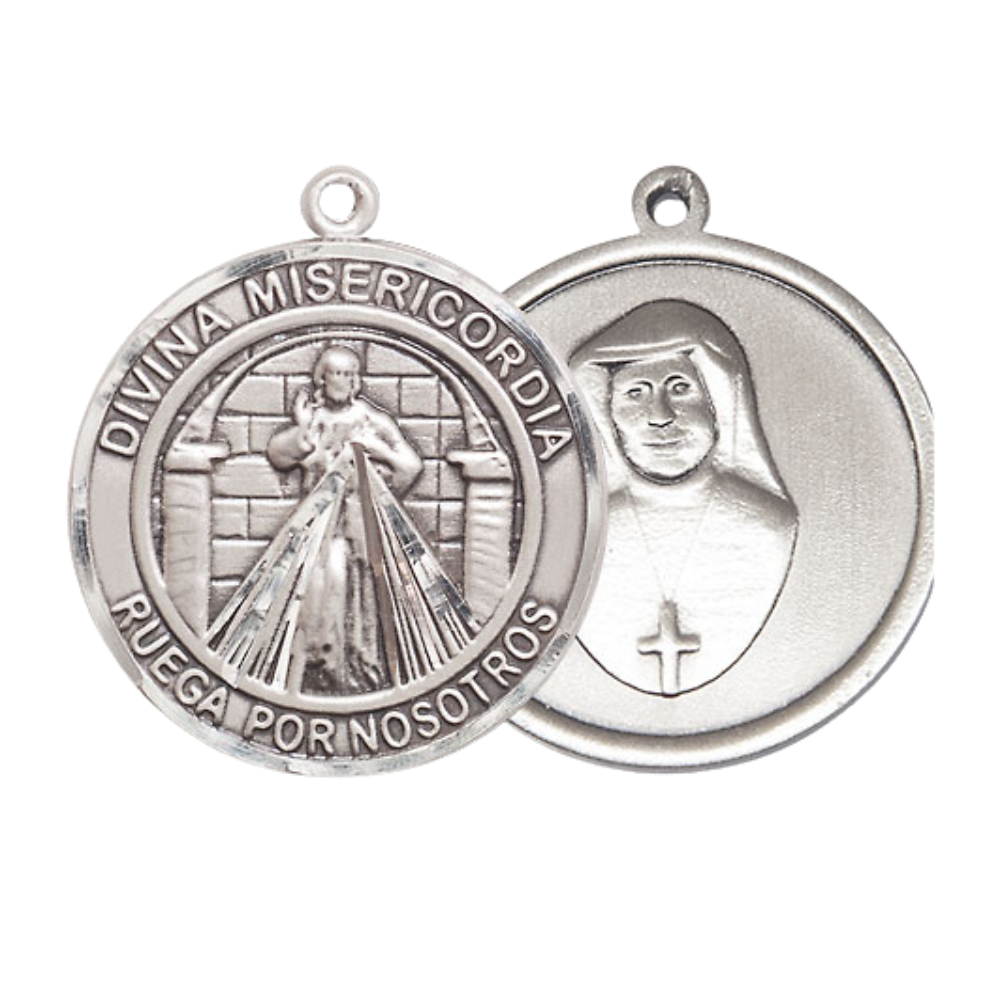 Spanish Script Men's .925 Sterling Silver Divina Misericordia Medal Pendant on 24 Inch Endless Rhodium Plated Heavy Curb Chain, Catholic Religious Necklace - Made in USA, Deluxe Velvet Gift Box
