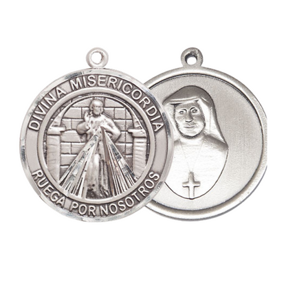 Spanish Script Men's .925 Sterling Silver Divina Misericordia Medal Pendant on 24 Inch Endless Rhodium Plated Heavy Curb Chain, Catholic Religious Necklace - Made in USA, Deluxe Velvet Gift Box