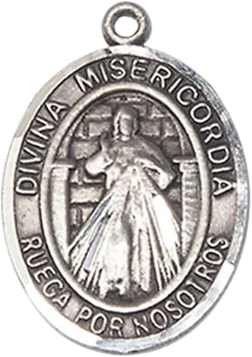 Spanish Script Women's Pewter Divina Misericordia Medal Pendant on 18 Inch Rhodium Plated Lite Curb Brass Chain, Catholic Religious Necklace with Lobster Claw Clasp - Made in USA, Deluxe Velvet Gift Box