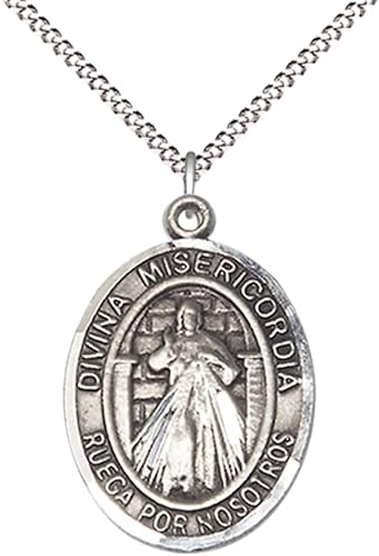 Spanish Script Women's Pewter Divina Misericordia Medal Pendant on 18 Inch Rhodium Plated Lite Curb Brass Chain, Catholic Religious Necklace with Lobster Claw Clasp - Made in USA, Deluxe Velvet Gift Box