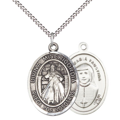 Spanish Script Women's .925 Sterling Silver Divina Misericordia Medal Pendant on 18 Inch Rhodium Plated Lite Curb Brass Chain,Catholic Religious Necklace with Lobster Claw Clasp -Made in USA- Deluxe Velvet Gift Box