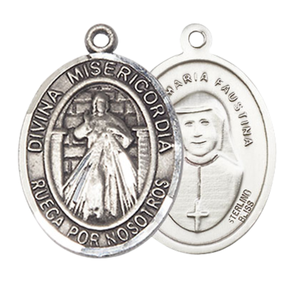 Spanish Script Women's .925 Sterling Silver Divina Misericordia Medal Pendant on 18 Inch Rhodium Plated Lite Curb Brass Chain,Catholic Religious Necklace with Lobster Claw Clasp -Made in USA- Deluxe Velvet Gift Box