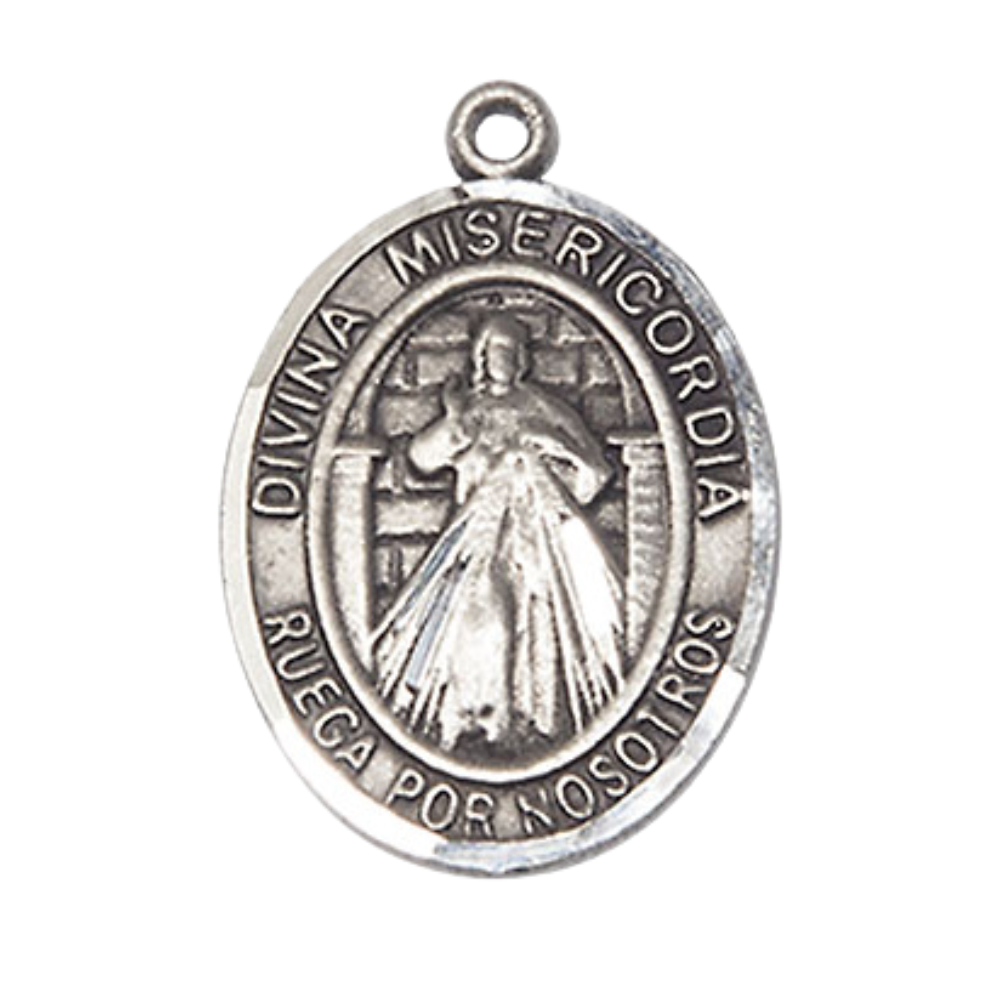 Spanish Script Men's .925 Sterling Silver Divina Misericordia Medal Pendant on 24 Inch Endless Rhodium Plated Heavy Curb Chain, Catholic Religious Necklace - Made in USA, Comes in Deluxe Velvet Gift Box