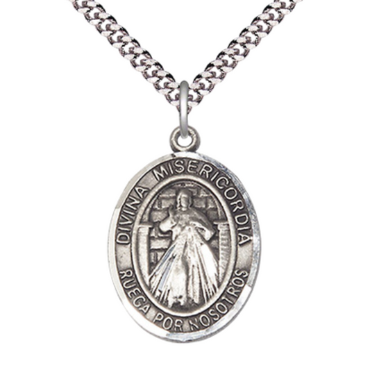 Spanish Script Men's .925 Sterling Silver Divina Misericordia Medal Pendant on 24 Inch Endless Rhodium Plated Heavy Curb Chain, Catholic Religious Necklace - Made in USA, Comes in Deluxe Velvet Gift Box