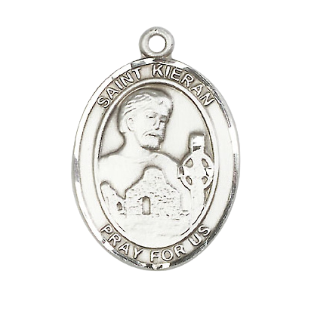 Women's .925 Sterling Silver Saint St. Kieran Medal Pendant on 18 Inch Rhodium Plated Lite Curb Brass Chain with Lobster Claw Clasp, Catholic Religious Necklace - Made in USA- Deluxe Velvet Gift Box