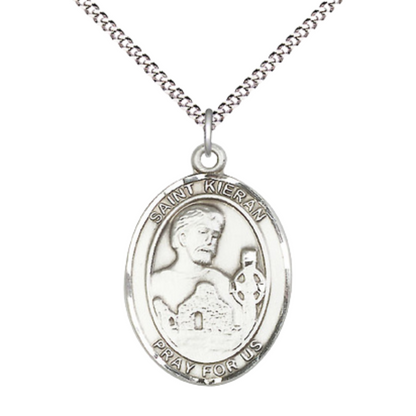 Women's .925 Sterling Silver Saint St. Kieran Medal Pendant on 18 Inch Rhodium Plated Lite Curb Brass Chain with Lobster Claw Clasp, Catholic Religious Necklace - Made in USA- Deluxe Velvet Gift Box