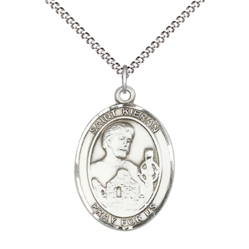 Women's Pewter Saint St. Kieran Medal Pendant on 18 Inch Rhodium Plated Lite Curb Brass Chain with Lobster Claw Clasp, Catholic Religious Necklace - Made in USA- Deluxe Velvet Gift Box