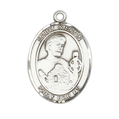 1 x 3/4" Oval Pewter Saint St. Kieran Medal Pendant on 24 inch Rhodium Plated Heavy Curb Brass Chain with Lobster Claw clasp, Catholic Religious Necklace - Made in USA - Deluxe Velvet Gift Box