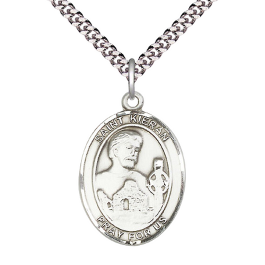 Saint St. Kieran Medal Necklace– Men's .925 Sterling Silver Pendant with 24- Inch Light Rhodium Plated Heavy Curb Chain – Patron Saint St. of the Diocese of Ossory, Ireland, Catholic Medal – Velvet Gift Box Included