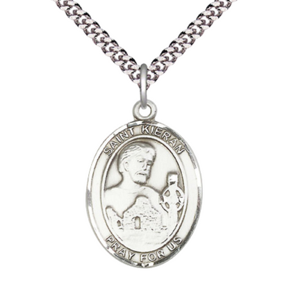 Saint St. Kieran Medal Necklace– Men's Pewter Pendant with 24 - Inch Light Rhodium Plated Chain – Patron Saint St. of the Diocese of Ossory, Ireland, Catholic Medal – Velvet Gift Box Included