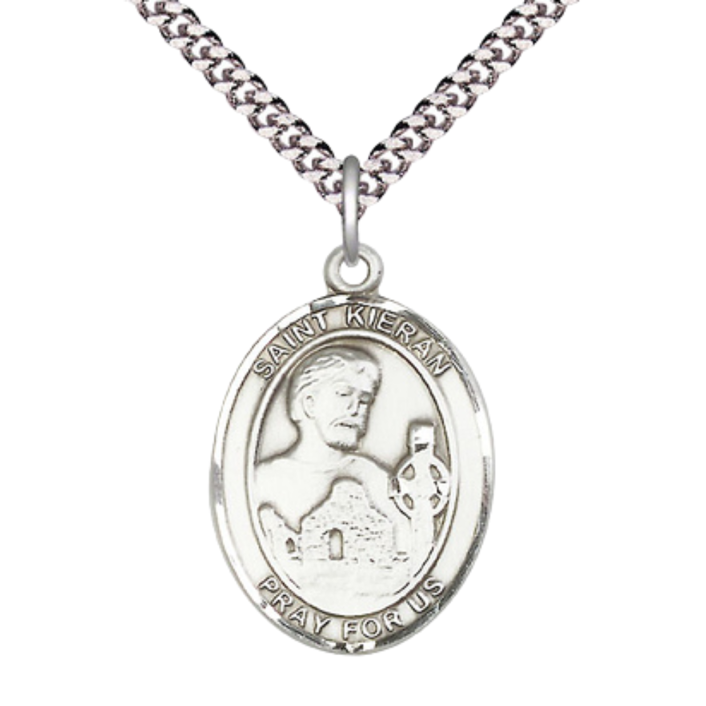 1 x 3/4" Oval Pewter Saint St. Kieran Medal Pendant on 24 inch Rhodium Plated Heavy Curb Brass Chain with Lobster Claw clasp, Catholic Religious Necklace - Made in USA - Deluxe Velvet Gift Box