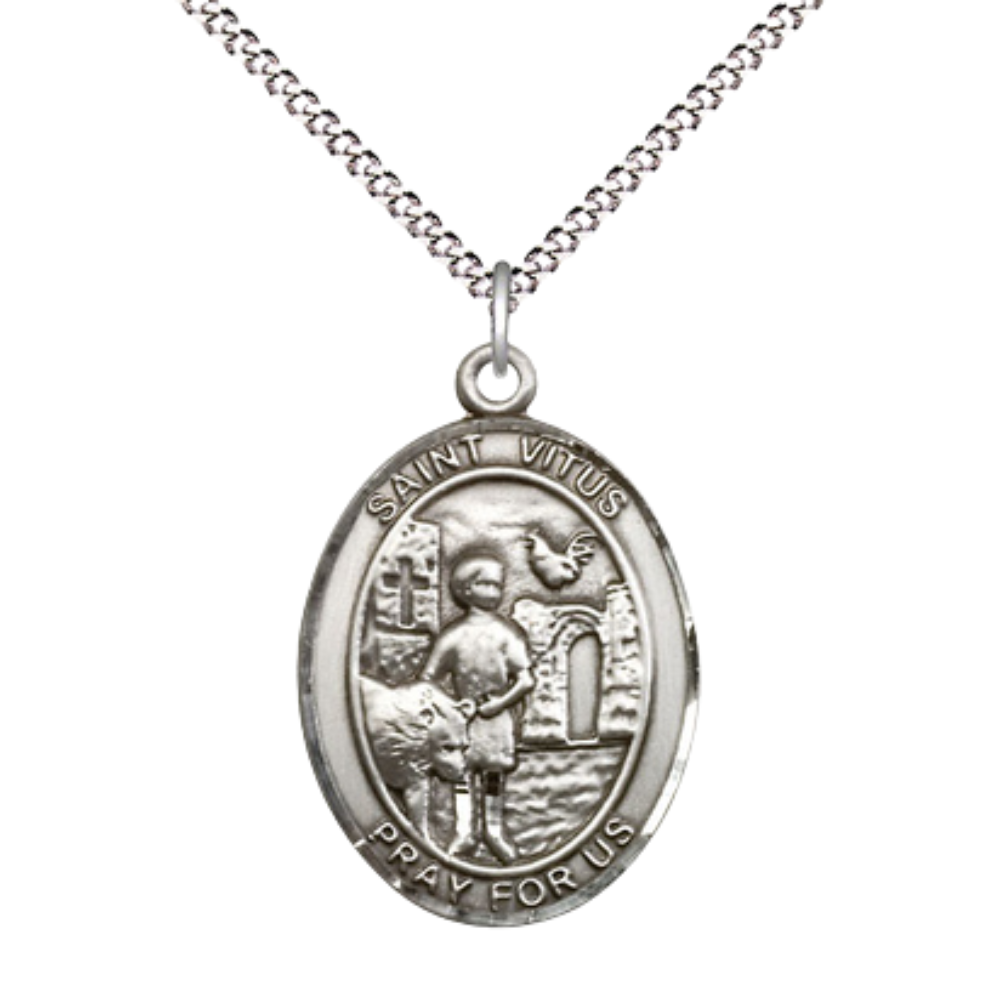Women's Pewter Saint St. Vitus Medal Pendant on 18 Inch Rhodium Plated Lite Curb Brass Chain with Lobster Claw Clasp, Catholic Religious Necklace - Made in USA- Deluxe Velvet Gift Box