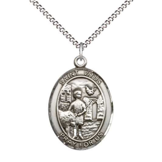 Women's Pewter Saint St. Vitus Medal Pendant on 18 Inch Rhodium Plated Lite Curb Brass Chain with Lobster Claw Clasp, Catholic Religious Necklace - Made in USA- Deluxe Velvet Gift Box