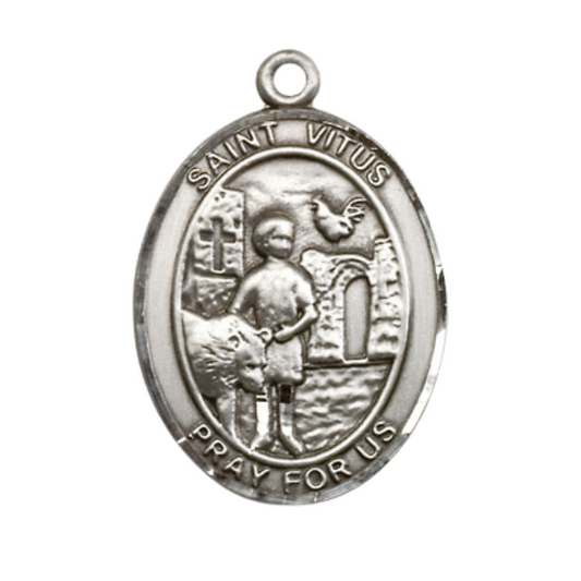 Oval .925 Sterling Silver Saint St. Vitus Medal Pendant on 24 inch Rhodium Plated Heavy Curb Brass Chain with Lobster Claw clasp, Catholic Religious Necklace - Made in USA- Deluxe Velvet Gift Box